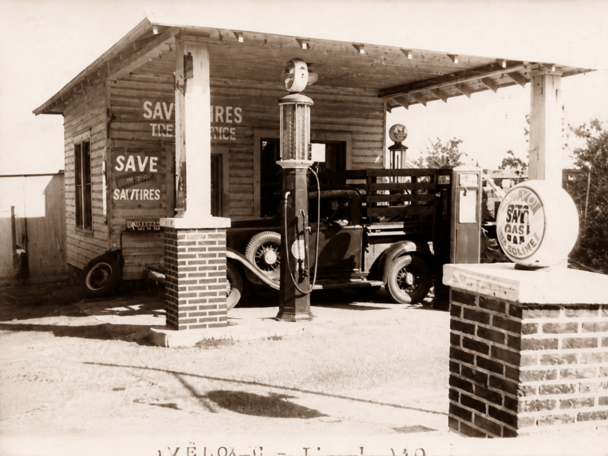 Wooden filling station with visible-glass gas pumps and a 1930s truck