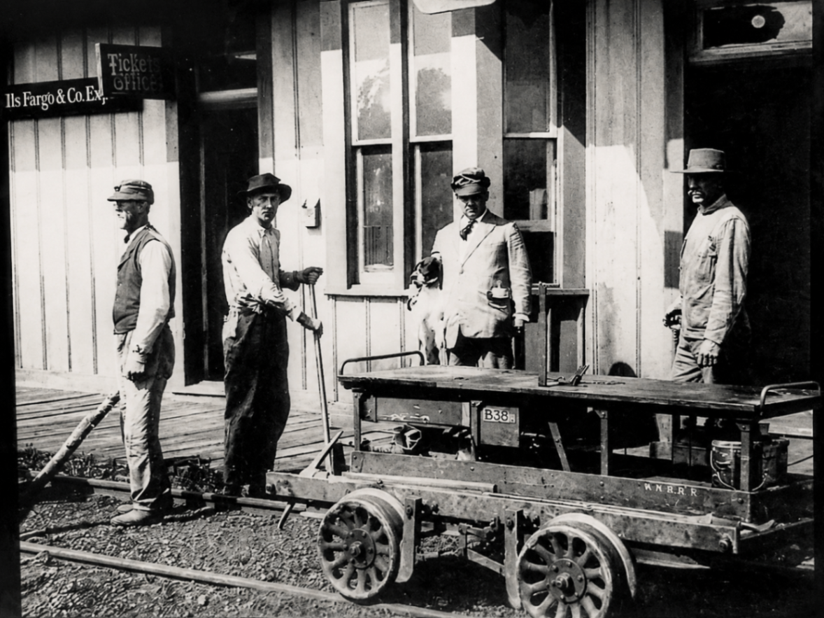 Four railroad workers with a hand car outside the Wells Fargo & Co. ticket office