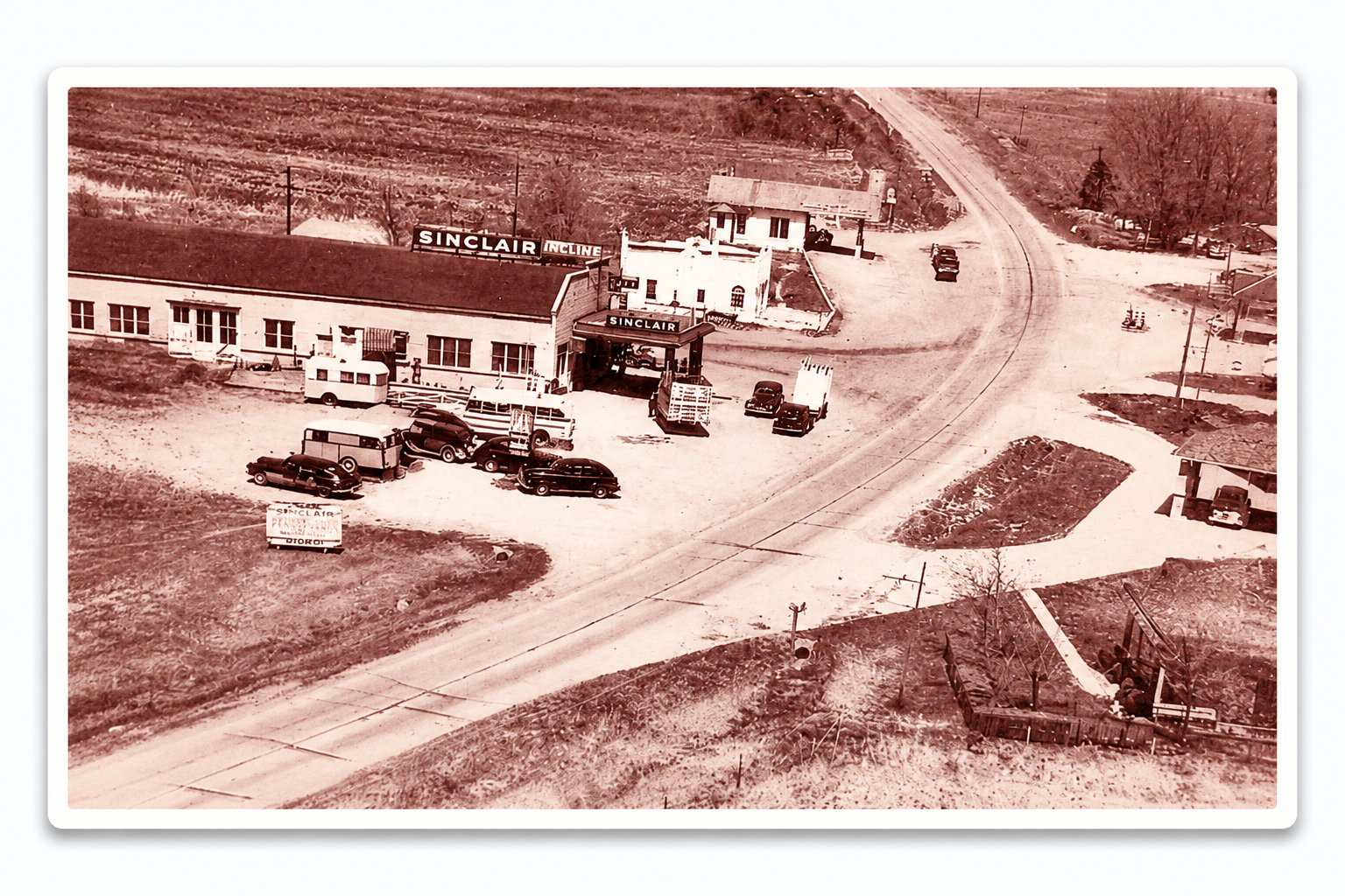Aerial view of the Sinclair Incline station, cafe and highway curve outside Lincoln