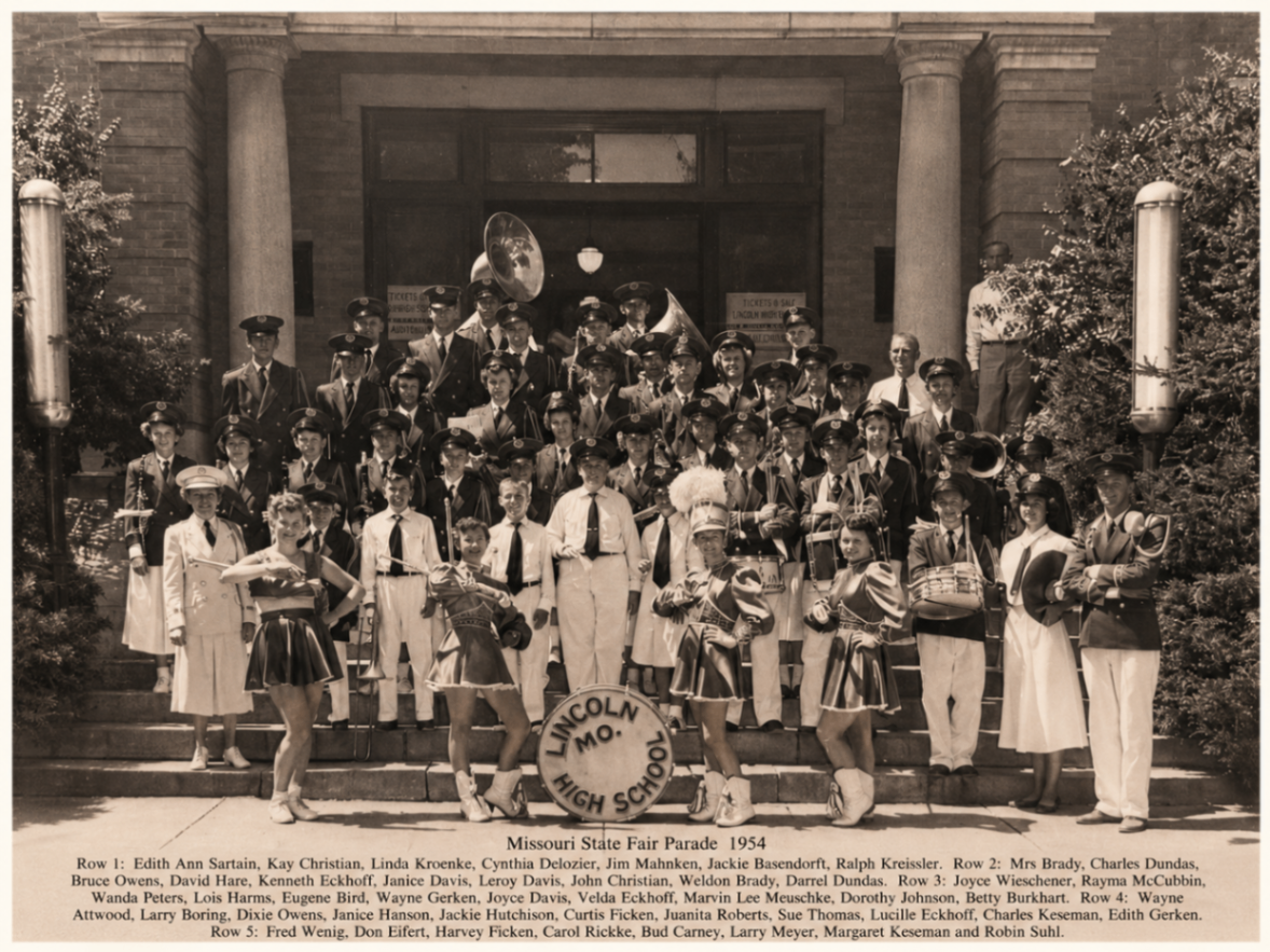 Lincoln High School band and majorettes posed on courthouse steps, Missouri State Fair Parade 1954