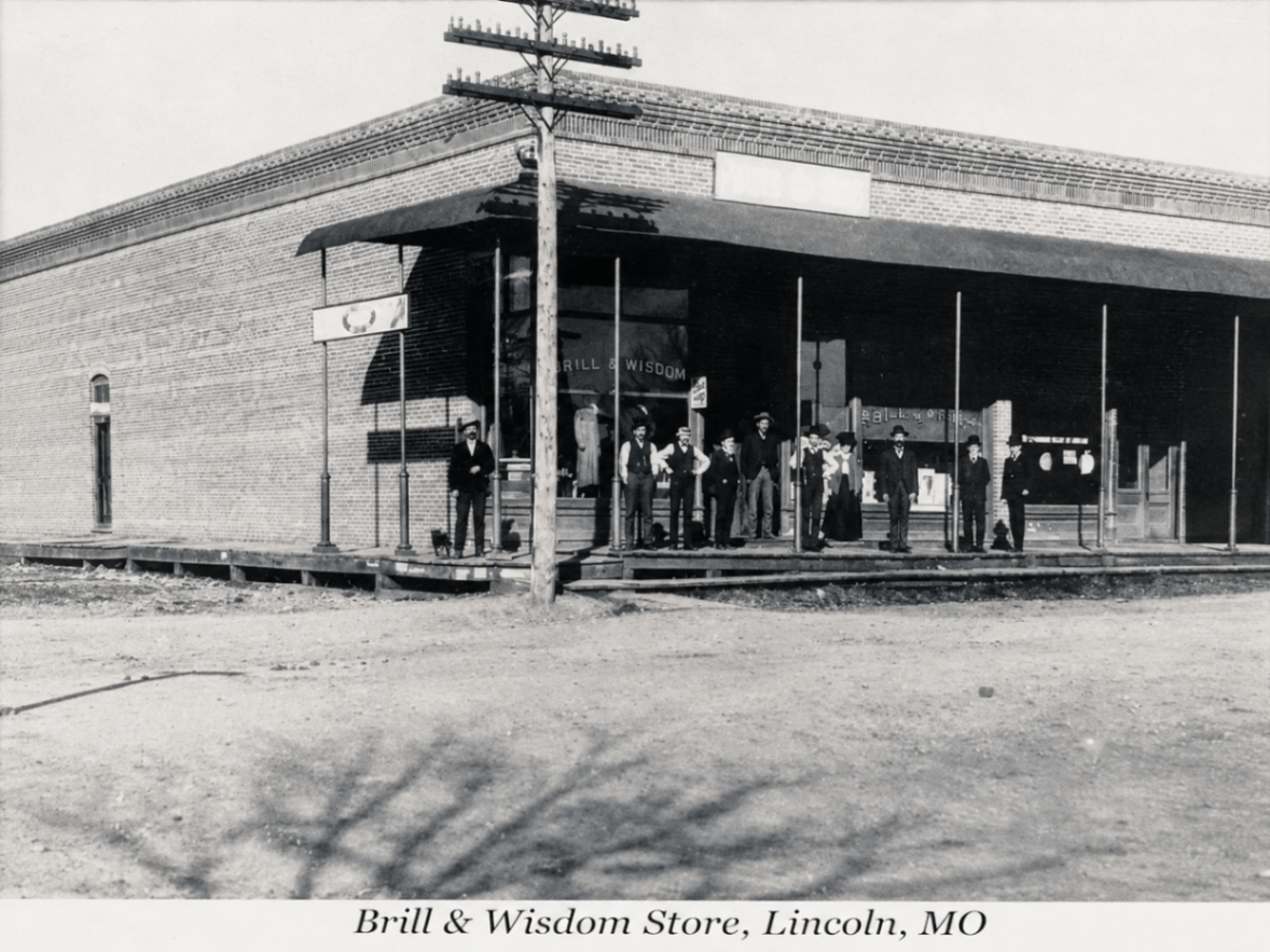 The brick Brill & Wisdom Store on a dirt street in Lincoln, Missouri