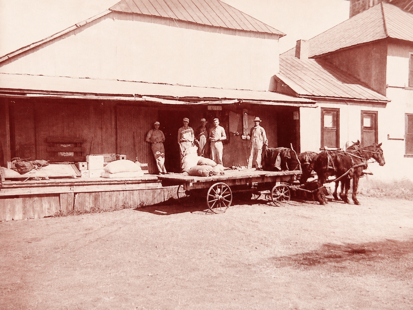 Five men on a loading dock at the feed store beside a horse-drawn dray wagon