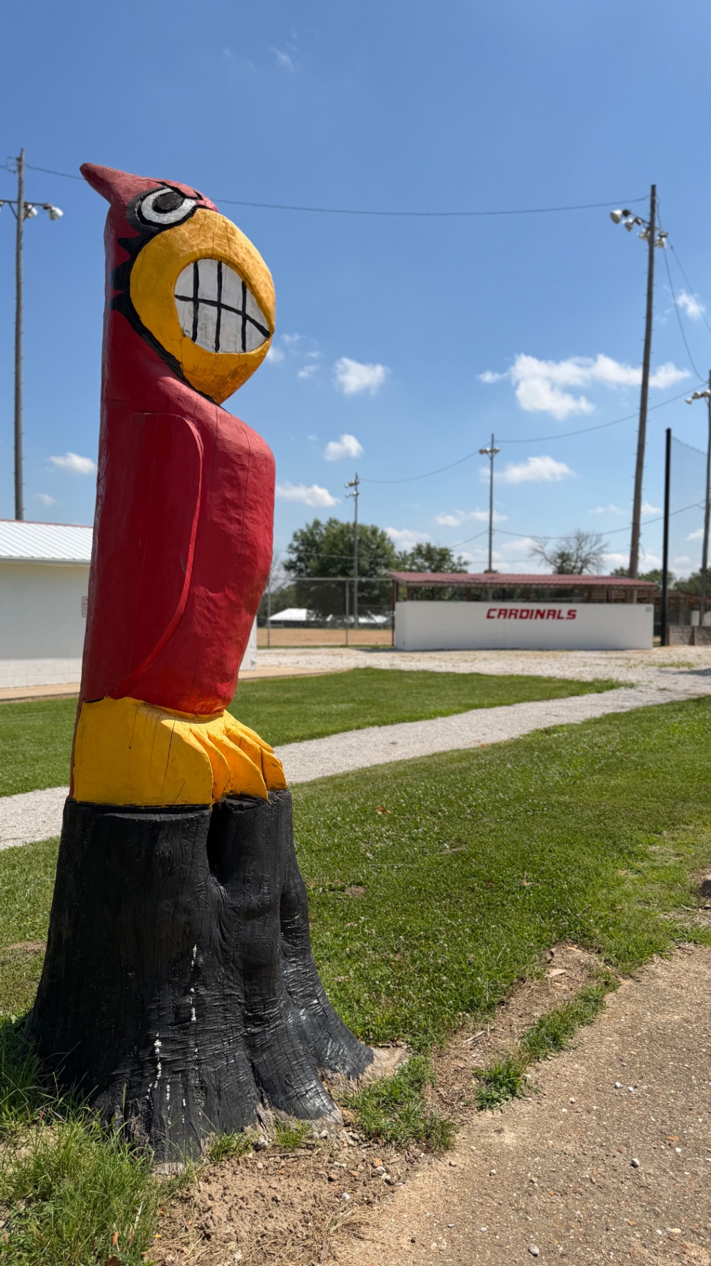 Carved wooden Cardinals mascot at the Lincoln ball fields